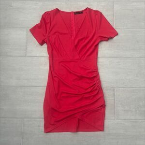 Sarin Mathews Bodycon Dress Surplice V Neck Short Sleeve Pink Ruched Tulip Hem S